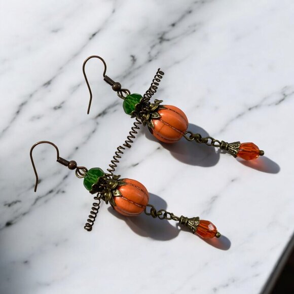 Pumpkin Bicone Bead Dangle Drop Earrings - Picture 3 of 4